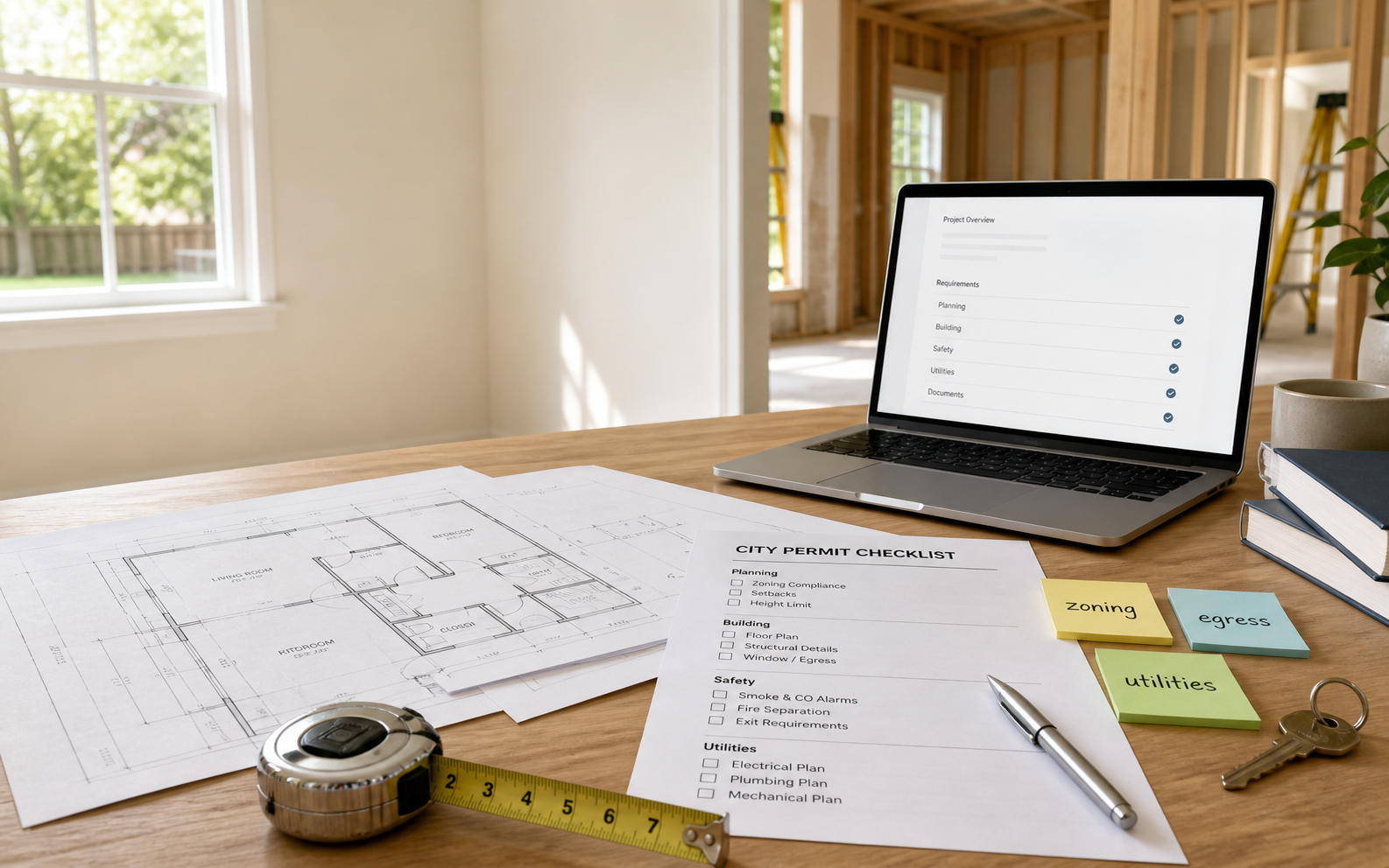 Floor plans, a permit checklist, and a laptop used to review a garage conversion project.